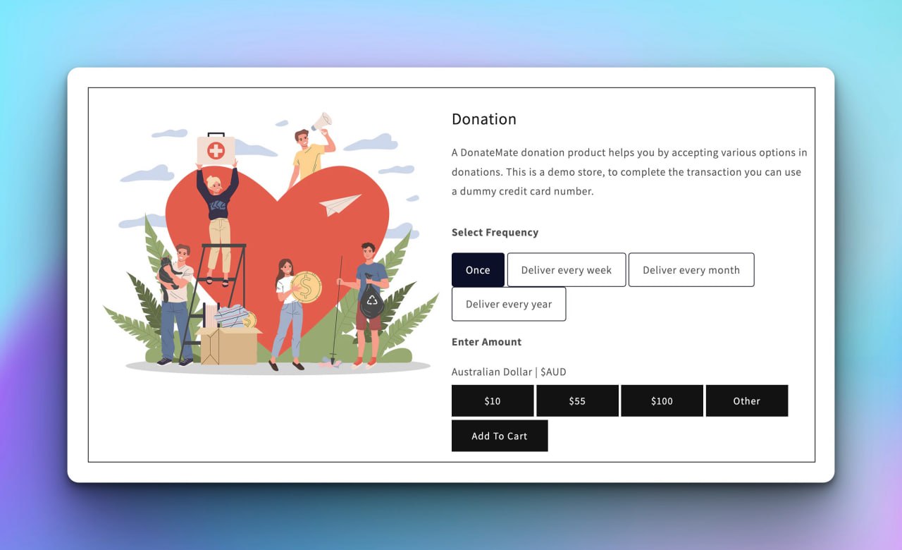 DonateMate online store donation widget with custom amounts and frequency options